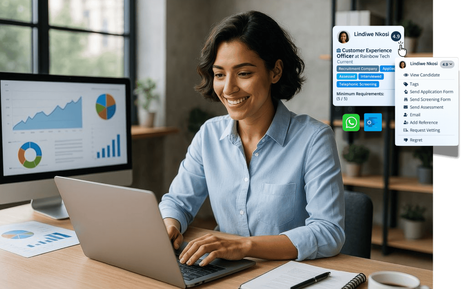 Business professional managing candidates with Mint Kulca’s hiring strategy platform featuring benchmarking, scoring, and integrated communication. Business professional managing candidates with Mint Kulca’s hiring strategy platform featuring benchmarking, scoring, and integrated communication.
