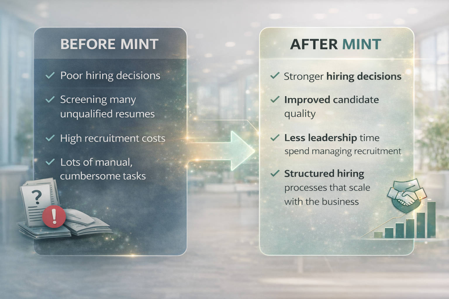 Comparison showing hiring challenges before Mint Kulca and improved structured hiring results after using the platform. Comparison showing hiring challenges before Mint Kulca and improved structured hiring results after using the platform.