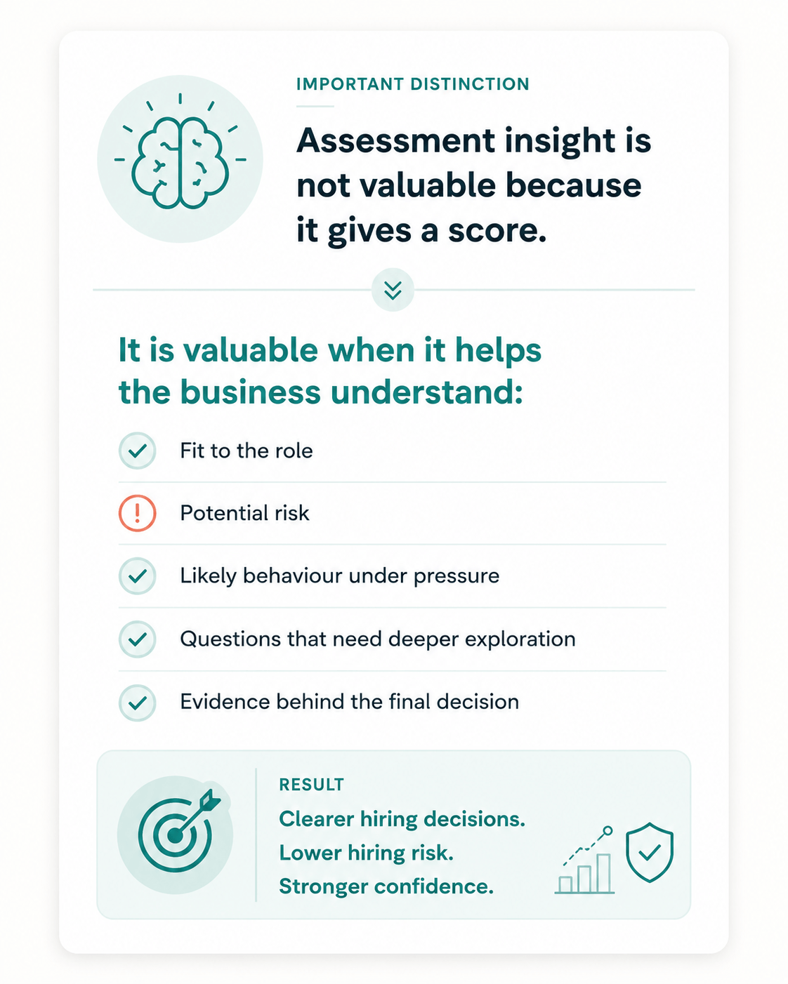 Behavioural and cognitive assessments help hiring teams understand candidate fit, potential risk, problem-solving ability, responses to pressure, and working style. Assessment insight is interpreted against the role benchmark to support evidence-based hiring decisions and improve recruitment outcomes.
