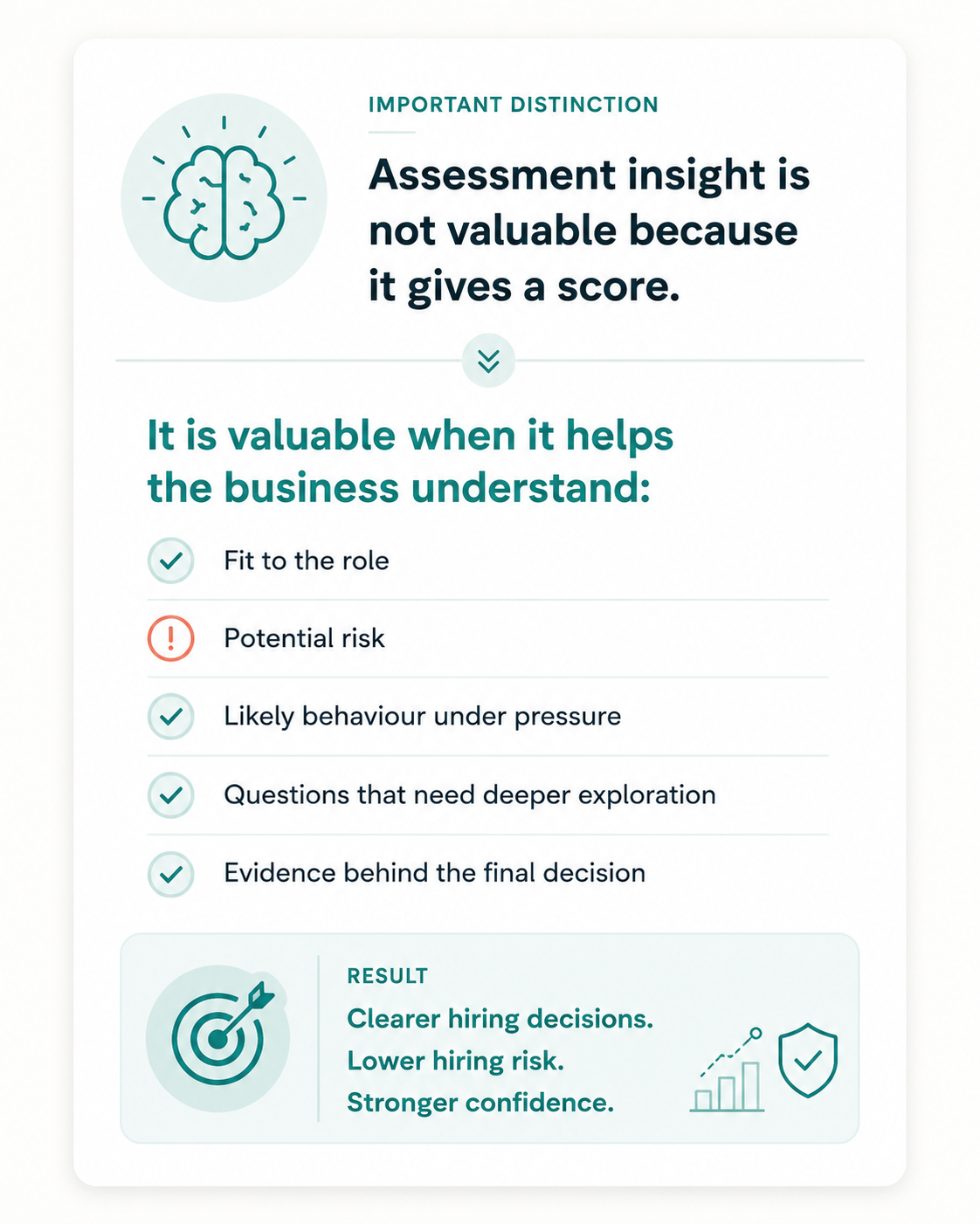 Behavioural and cognitive assessments help hiring teams understand candidate fit, potential risk, problem-solving ability, responses to pressure, and working style. Assessment insight is interpreted against the role benchmark to support evidence-based hiring decisions and improve recruitment outcomes.