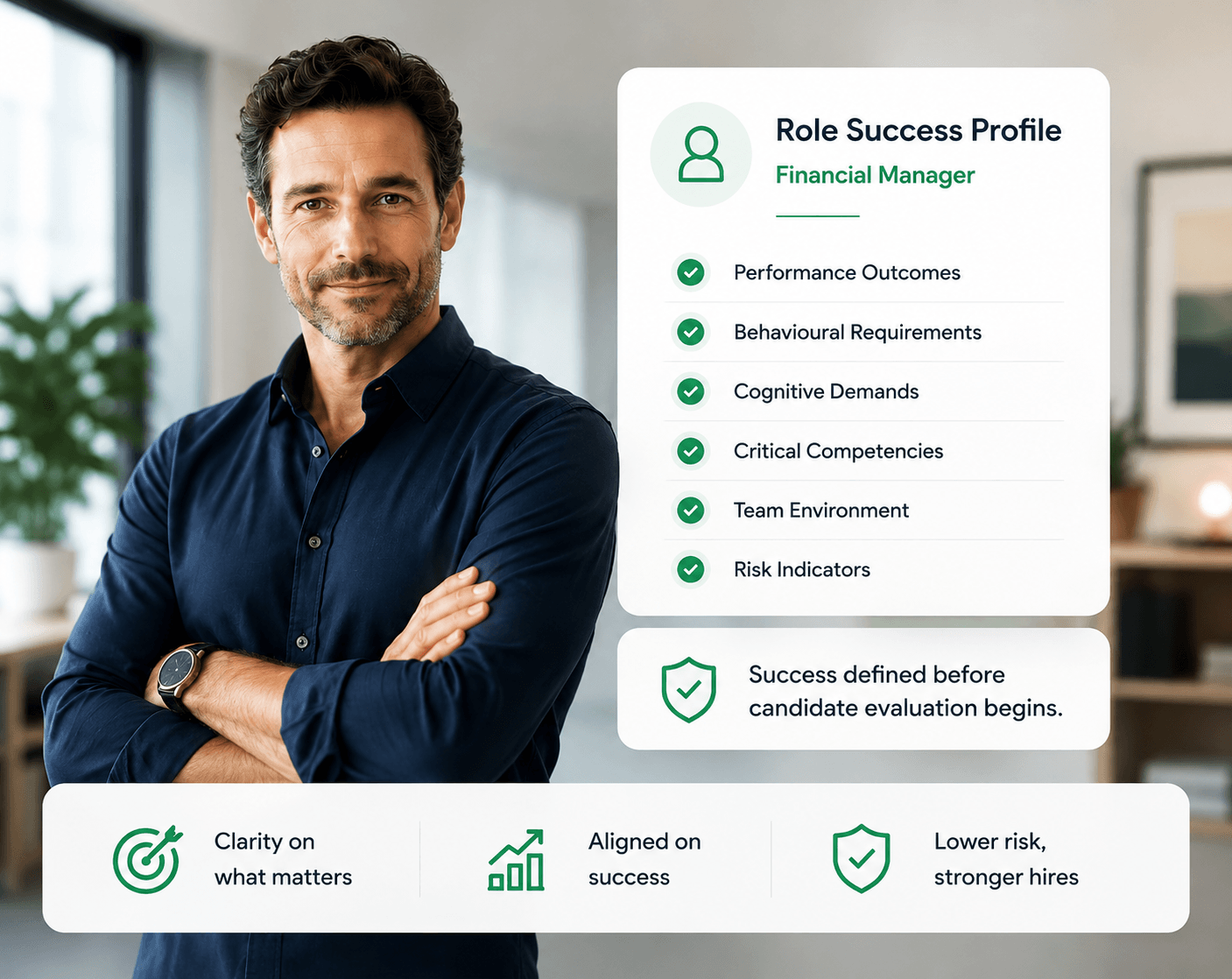Hiring manager using a role success profile to benchmark a role and assess candidates against clear hiring criteria