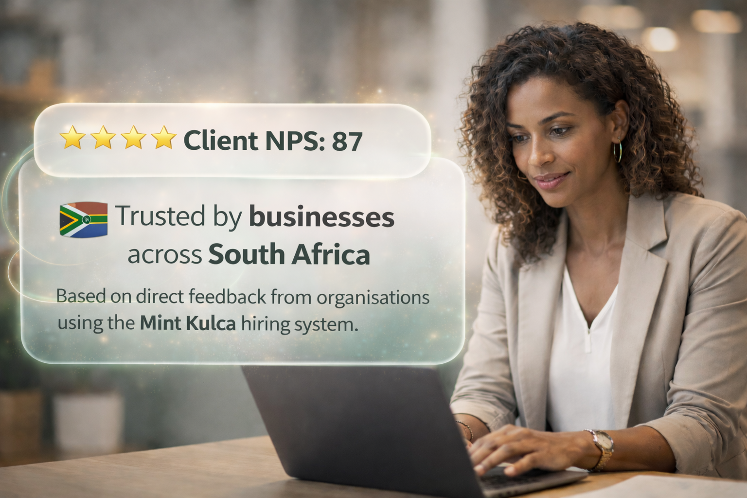 Client NPS score of 87 showing Mint Kulca is trusted by businesses across South Africa.