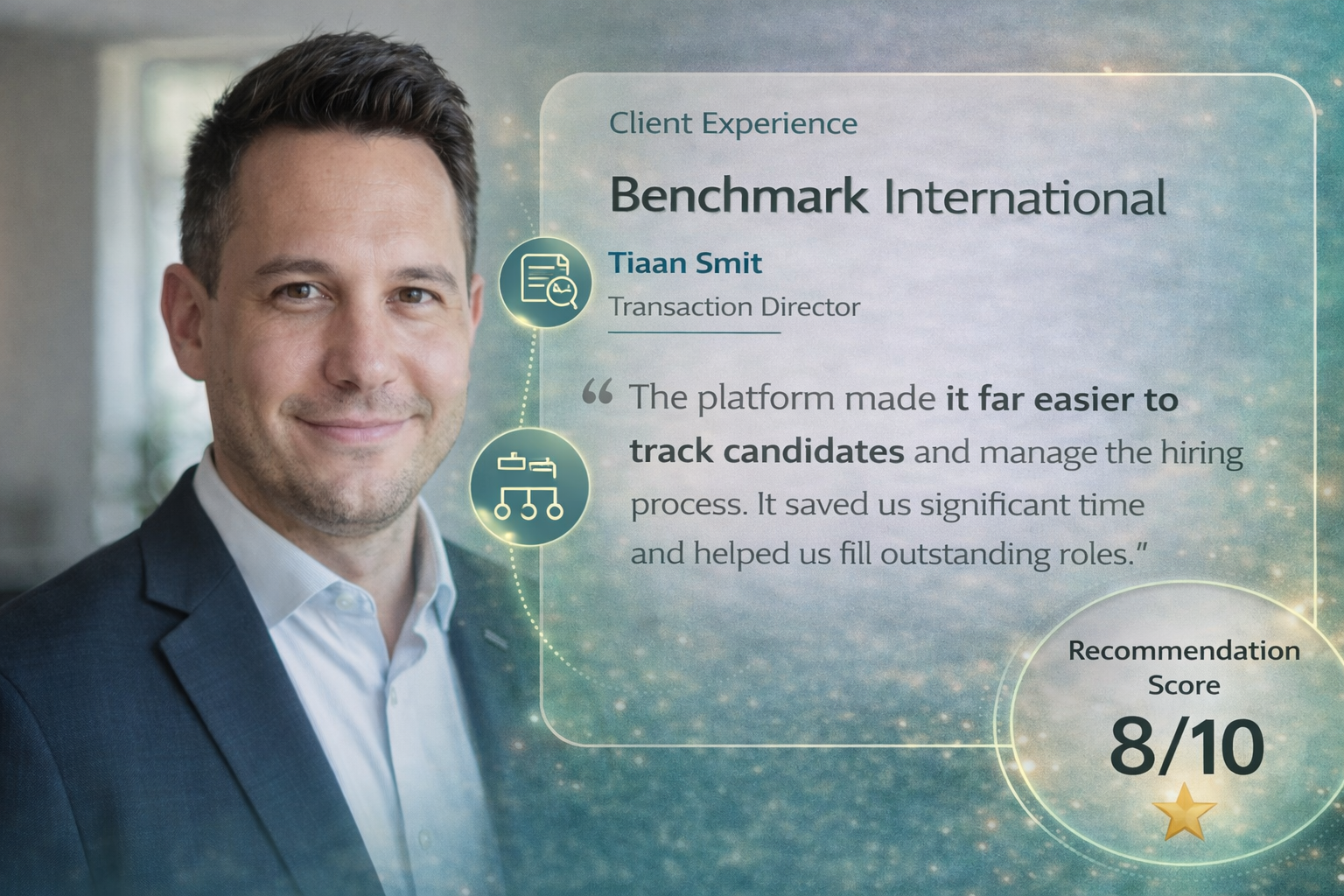 Tiaan Smit, Transactional Director at Benchmark International, sharing a testimonial about how Mint Kulca improved their hiring process