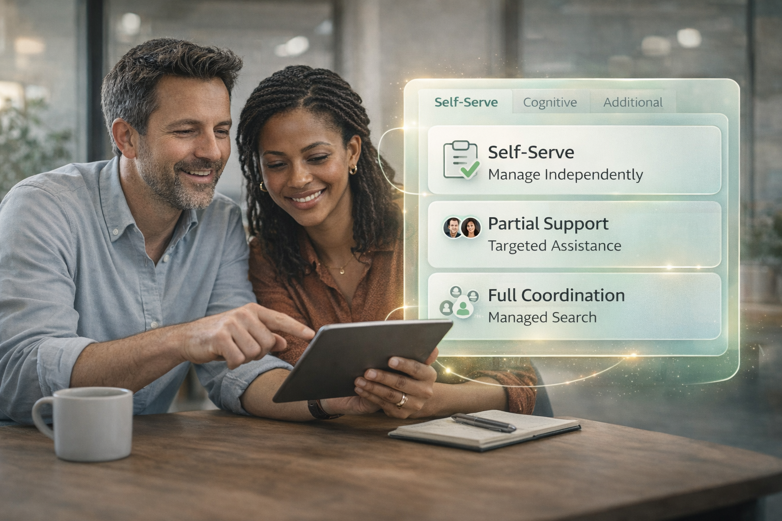 Business leaders reviewing flexible hiring partnership options from self-serve to full recruitment support