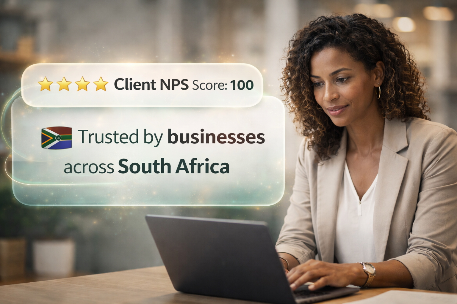 Client NPS score of 100 showing Mint Kulca is trusted by businesses across South Africa. Client NPS score of 100 showing Mint Kulca is trusted by businesses across South Africa.