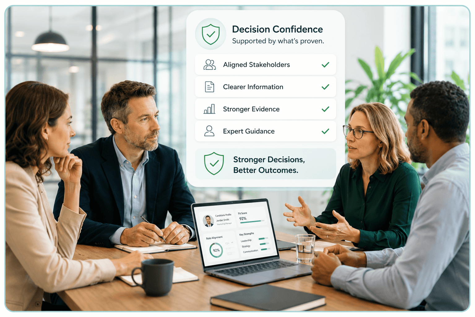 Step 5 of the Mint Kulca hiring process: support the final hiring decision with aligned stakeholders, structured evidence, role benchmarks, assessment insights and expert human guidance.