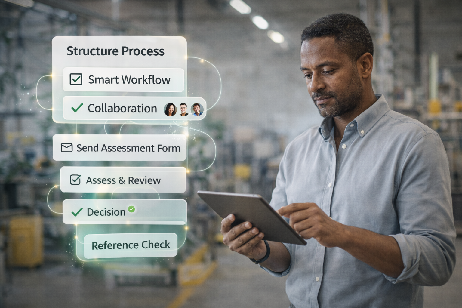 Structured hiring workflow showing collaboration, assessment, and decision stages in recruitment process