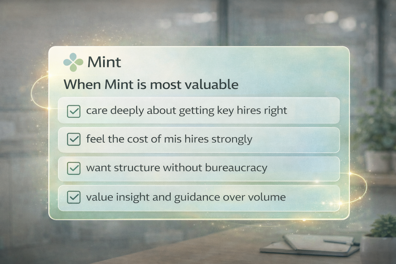 Checklist graphic showing when Mint is most valuable for businesses seeking structured hiring and reduced mis-hire risk