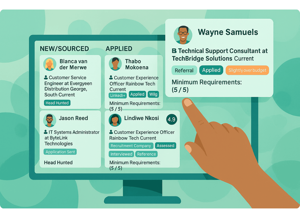 Illustrated hiring dashboard showing candidate cards on a computer screen, with a hand selecting a candidate profile. The cards display applicant details, statuses, and ratings in a visual hiring pipeline Illustrated hiring dashboard showing candidate cards on a computer screen, with a hand selecting a candidate profile. The cards display applicant details, statuses, and ratings in a visual hiring pipeline