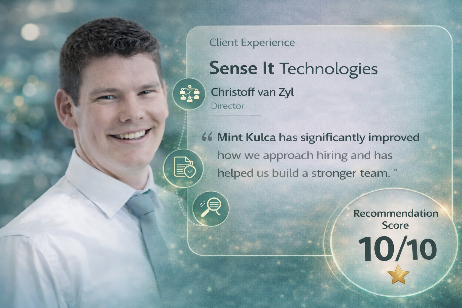 Christoff van Zyl, Director of Sense It Technologies sharing a testimonial about how Mint Kulca improved their hiring process Christoff van Zyl, Director of Sense It Technologies sharing a testimonial about how Mint Kulca improved their hiring process