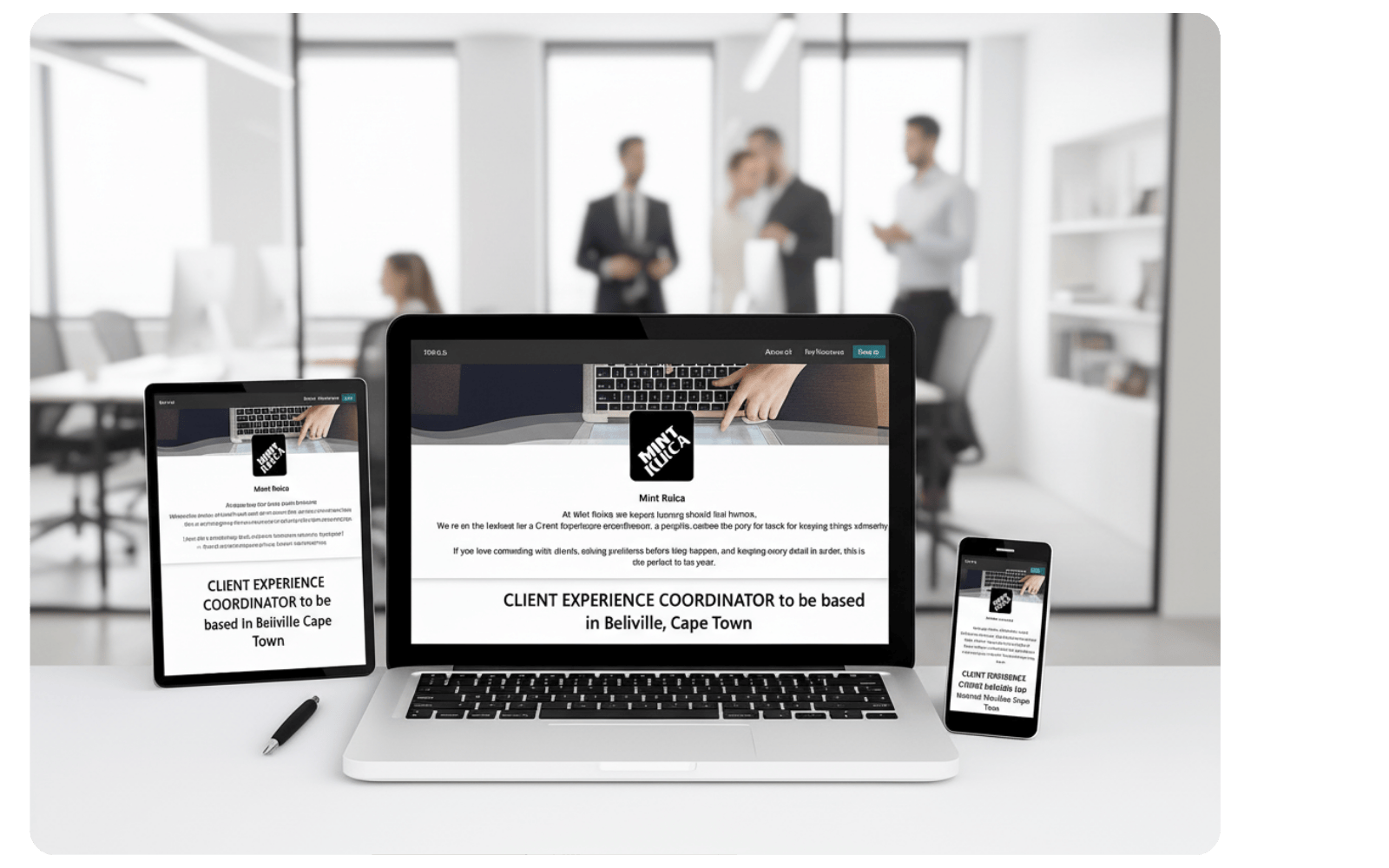 Responsive career site mock-up on laptop, tablet, and smartphone, representing Mint Kulca’s customised employer-branded job portals integrated with the hiring workflow.