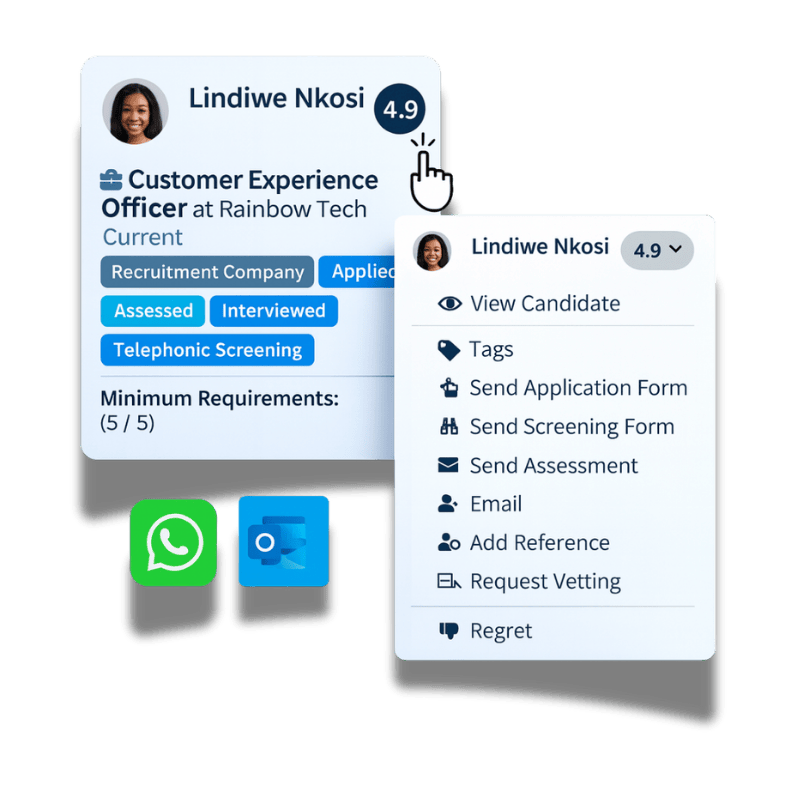 Digital screenshot of a Mint Kulca candidate card with messaging and assessment actions, demonstrating the platform’s built-in WhatsApp and email communication features for organised hiring.