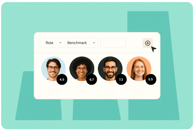 Visual of a benchmarking interface showing candidate profile tiles with behavioural scores, representing Mint Kulca’s custom role- and culture-aligned hiring benchmarks.