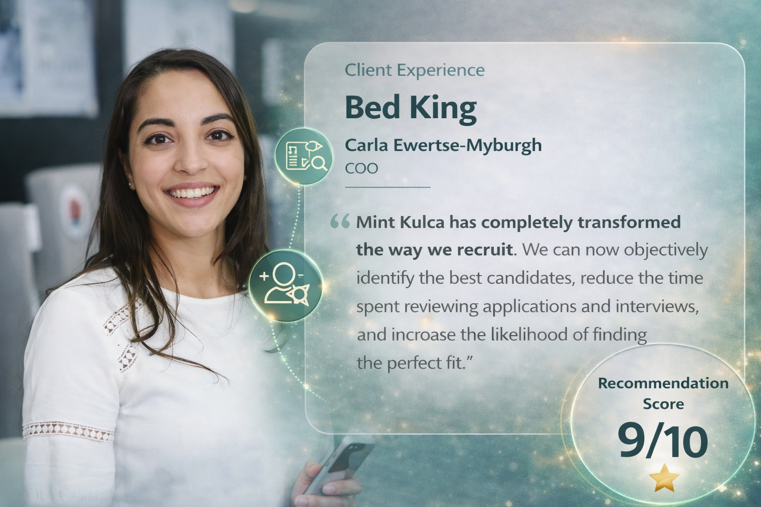 Carla Ewertse-Myburgh, COO of Bed King, sharing a testimonial about how Mint Kulca improved their recruitment process. Carla Ewertse-Myburgh, COO of Bed King, sharing a testimonial about how Mint Kulca improved their recruitment process.