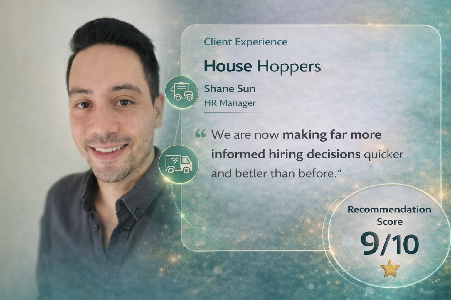 Shane Sun, HR Manager at House Hoppers, sharing a testimonial about how Mint Kulca improved their hiring process Shane Sun, HR Manager at House Hoppers, sharing a testimonial about how Mint Kulca improved their hiring process