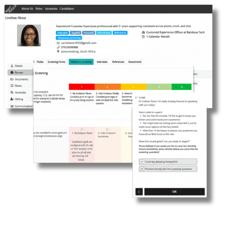 Screenshot of the Mint Kulca interviewing dashboard with behavioural scoring scales, scripted guidance, and candidate information, demonstrating structured, consistent interview evaluation and scheduling tools.