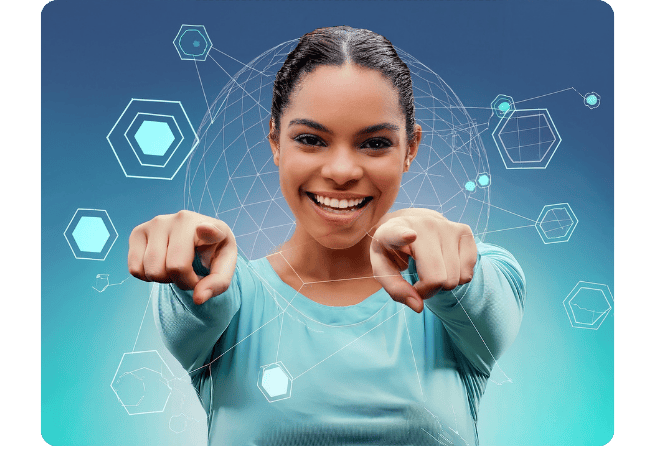Smiling woman pointing forward with digital hexagon graphics behind her, representing Mint Kulca’s behavioural-science benchmarking and assessment tools for confident hiring.