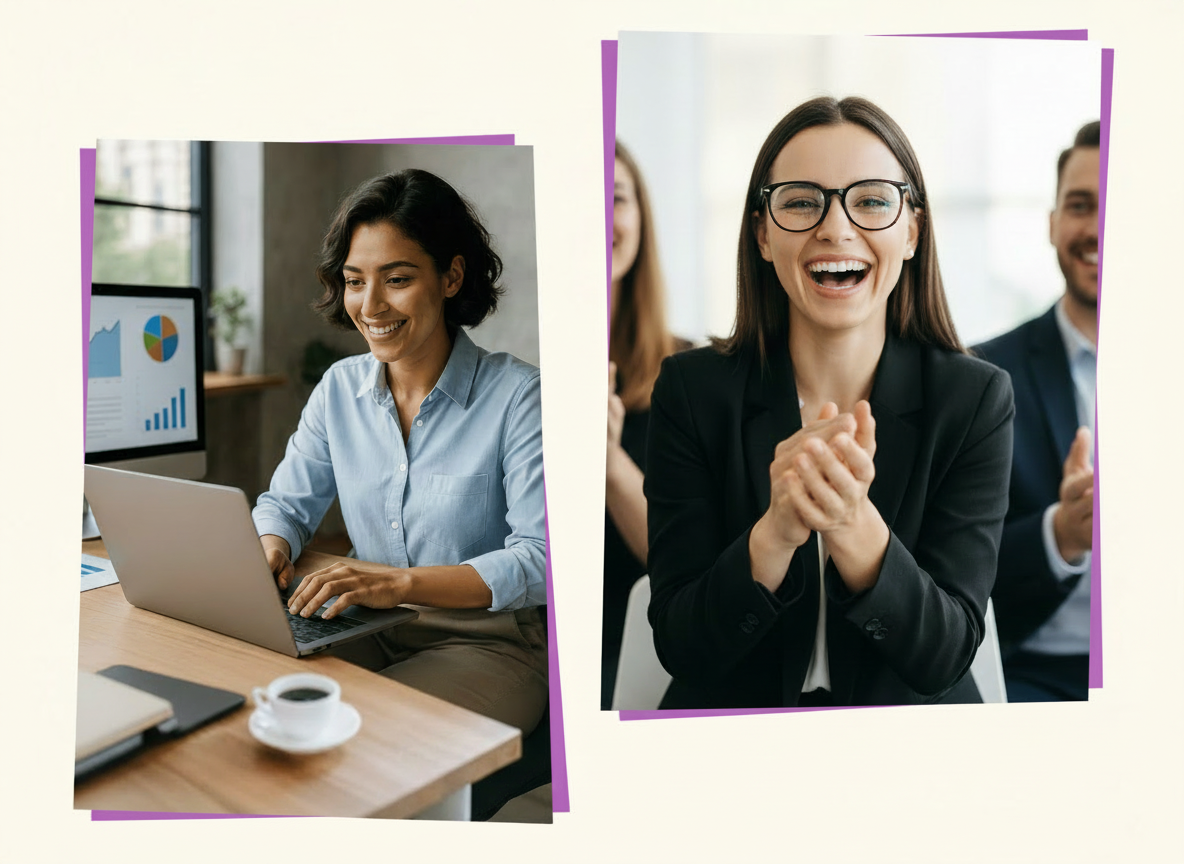 Side-by-side images of professionals engaging in productive work and celebrating results, representing Mint Kulca’s behavioural specialists who provide guidance, interpretation, and on-call hiring support.